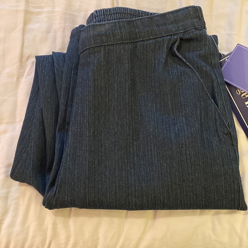 Laura Scott Missy Flat Front Pants Dark Wash Denim With Elastic Waist Size 12